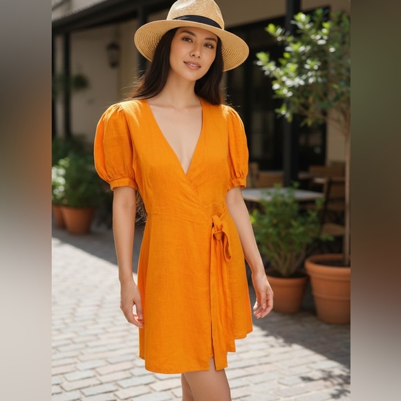 Zara Dresses & Skirts - Zara 100% Linen Orange Wrap Dress Puff Sleeve Tie Waist Women’s Medium Portugal